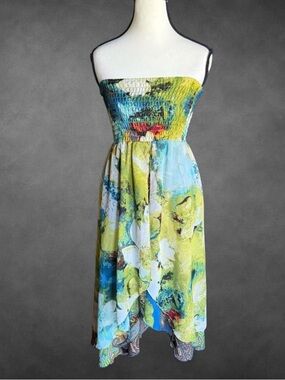 Sunny Leigh Strapless Yellow and Blue Floral Midi Dress